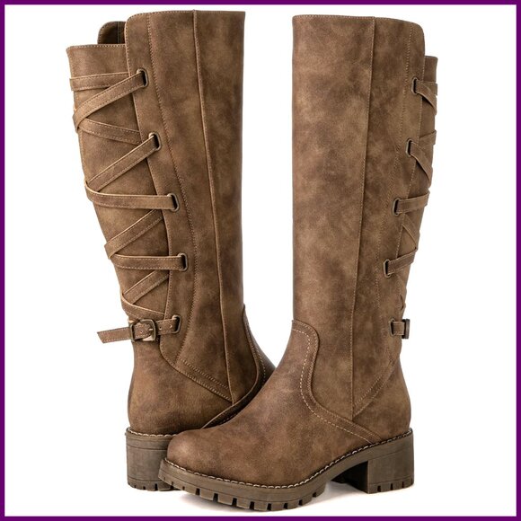 Women's Strappy Motorcycle Knee High Boots Lace Up Back Low Heel Riding Style